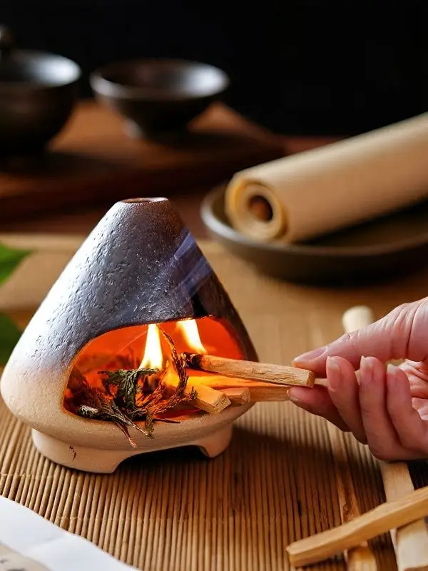 Ceramic Incense Burner with Cedar Tail Grass Holy Wood Toasting Plate Aromatherapy Small Wall Oven Handmade Tea Ceremony Supp...
