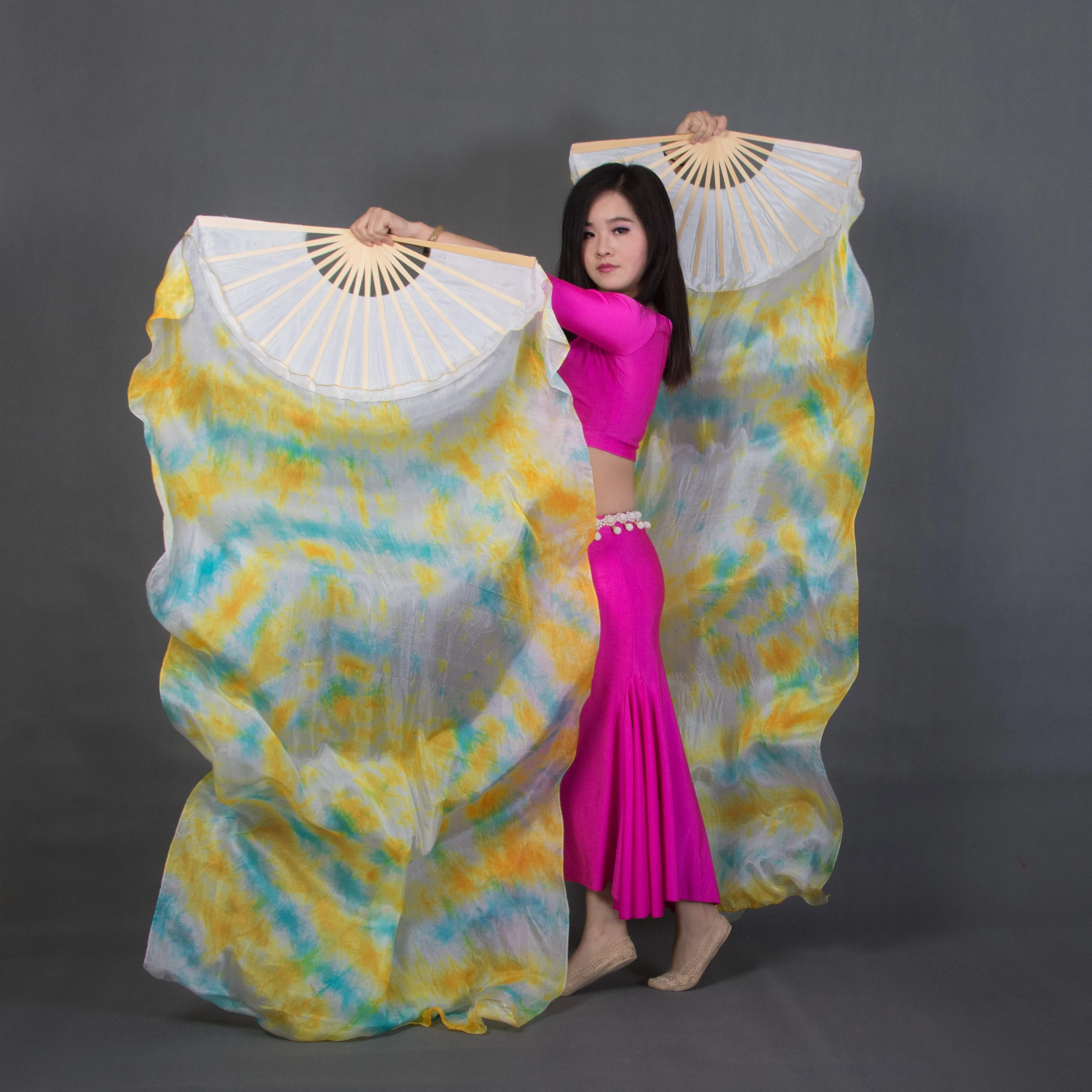 Gradient Tie Dyed Belly Dance Fan Veil 150/180cm Bamboo Long Fans For Dancer Practice Stage Performance Show Adult Dance Props