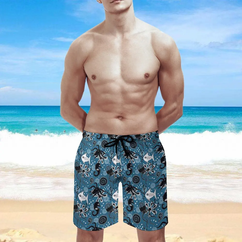 New Summer 3D Printed Black Octopus Men's Beach Shorts Men's Beach Vacation Casual Comfort Surf Shorts Street Fashion Shorts