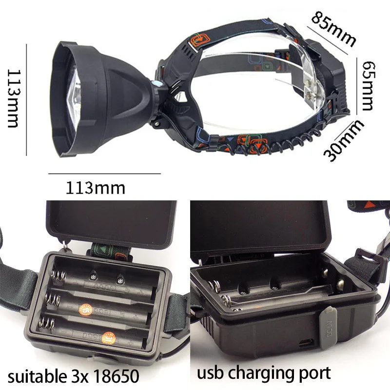 헤드 램프 LED 헤드 라이트 USB 헤드 램프 충전식 토치, Linterna 정면 낚시 램프 손전등 이마 3*18650 헤드 램프