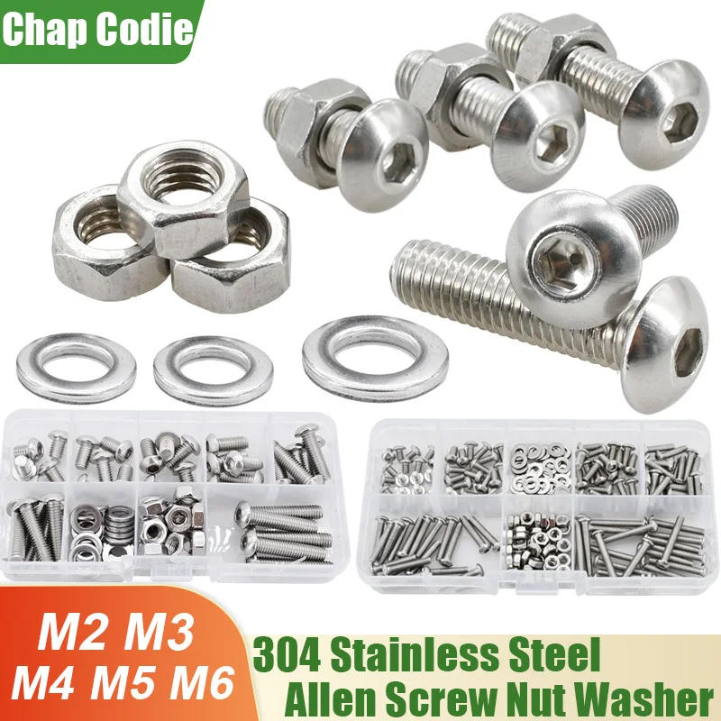 M2 M3 M4 M5 M6 Metric Threaded Allen Screw Nut Washer Kit Stainless Steel Hex Socket Bolts Gaskets Set Machine Screws Assortment