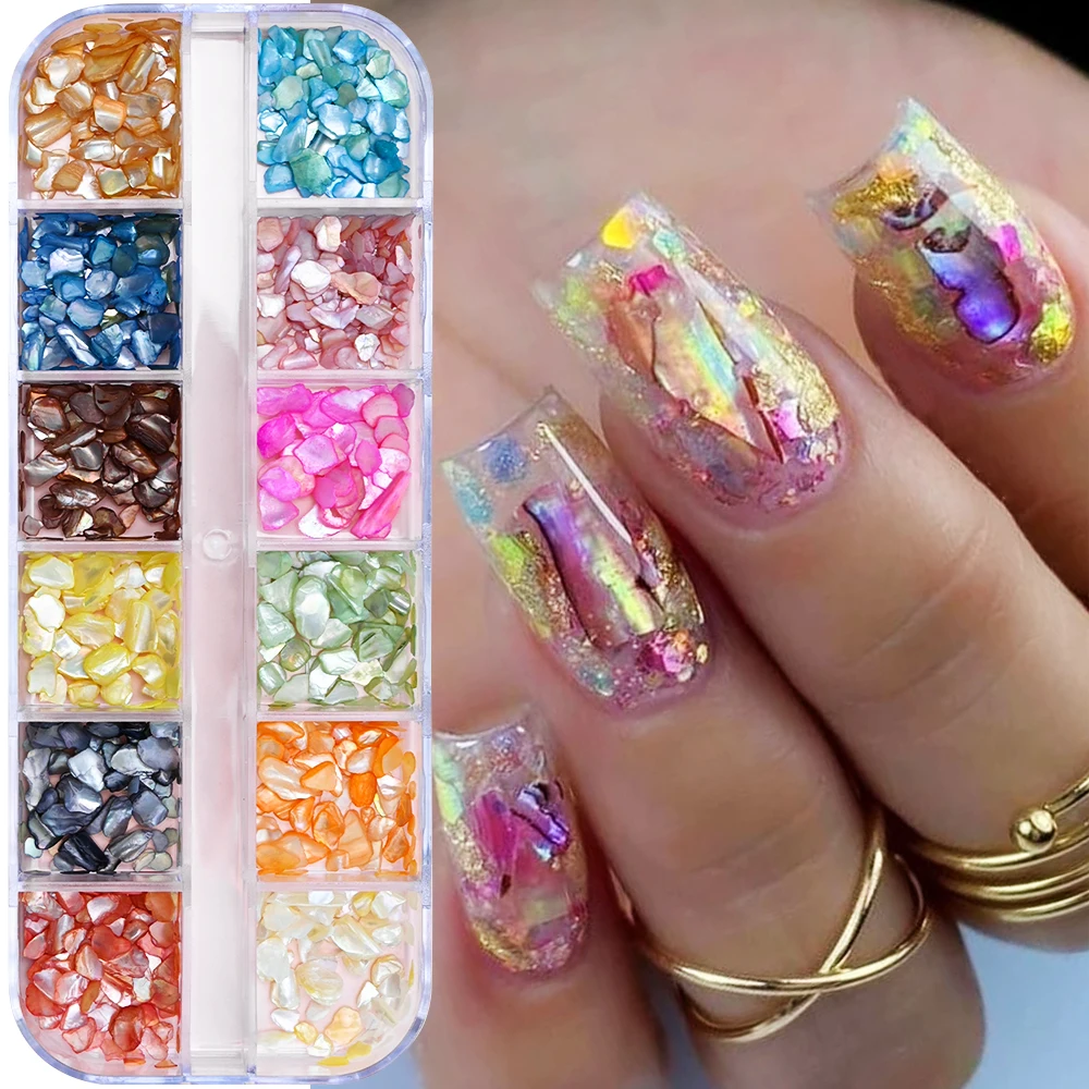 12Grids Irregular Natural Abalone Shell Nail Art Flakes 3D Shiny Aurora Seashell Slices Nail Charms Mermaid Sequins Nail Decorat