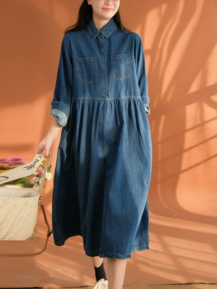 

Женское джинсовое платье с длинным рукавом, свободное Элегантное Длинное платье большого размера с длинным рукавом и широкой юбкой в Корейском стиле, весна