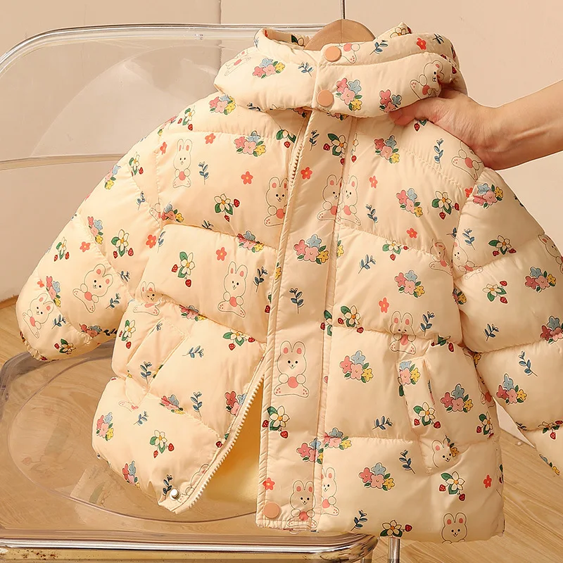 New Winter Childrens Girls Parkas Cotton Padded Floral Fashionable Cute Baby Girls Jackets Plush Thick Hooded Kid Girls Coat