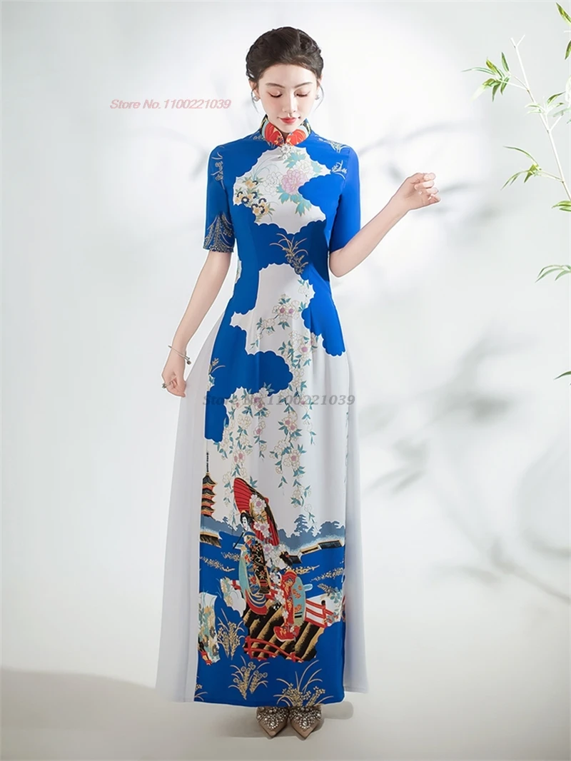 2025 vietnam traditional dress ao dai national flower print cheongsam oriental improved qipao party banquet evening a-line dress