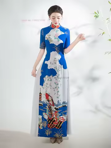 2026 vietnam traditional dress ao dai national flower print qipao oriental improved cheongsam party banquet evening a-line dress