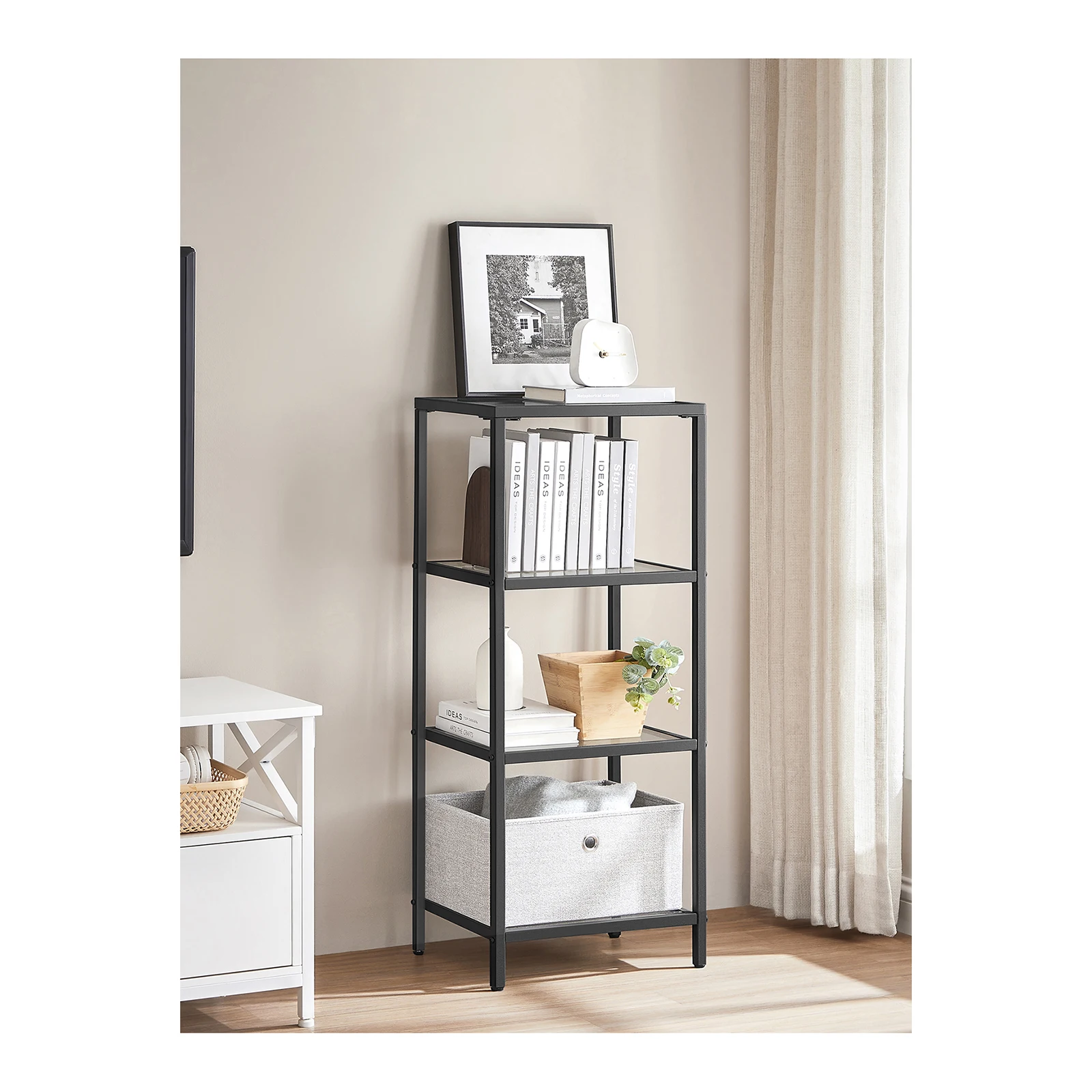 VASAGLE 4-Tier Glass Shelf Bookcase. Easy Assembly, Ideal for Bathroom, Living Room, Bedroom, Offic