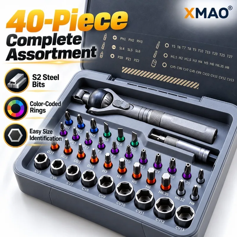XMAO 40PCS Magnetic Ratchet Screwdriver Set 180° Swivel Head S2 Bits and Sockets Portable Hand Tool Kit for Home DIY Repair