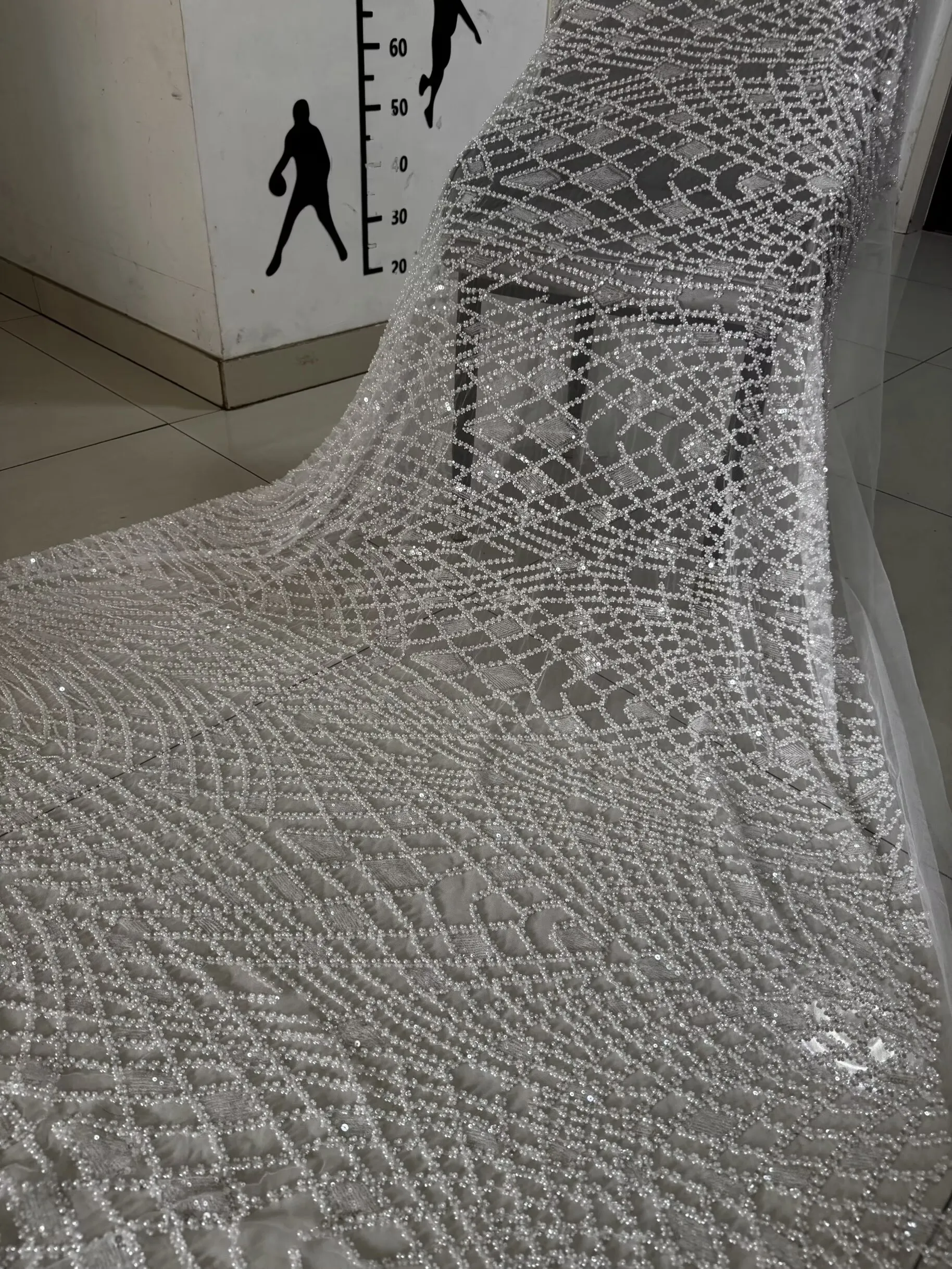 Plaid Beaded Bubble Embroidered Tube Material Accessories Bridal Gown Mesh Wedding Dress Transparent Sequin Fabric