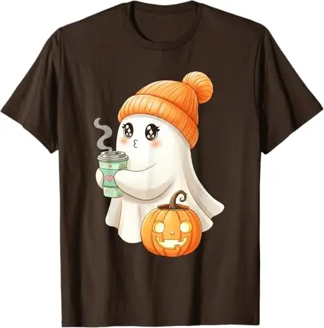 Cute Ghost Drinking Coffee Halloween Ghost Ice Coffee Woman T-Shirt Y2k Art Funny Spooky Season Apparel Aesthetic Clothes Tees