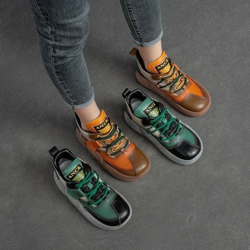 Autumn and winter new top-tier cowhide color-block platform women's lace-up street-friendly languid Marton boots  sneaker wnmen