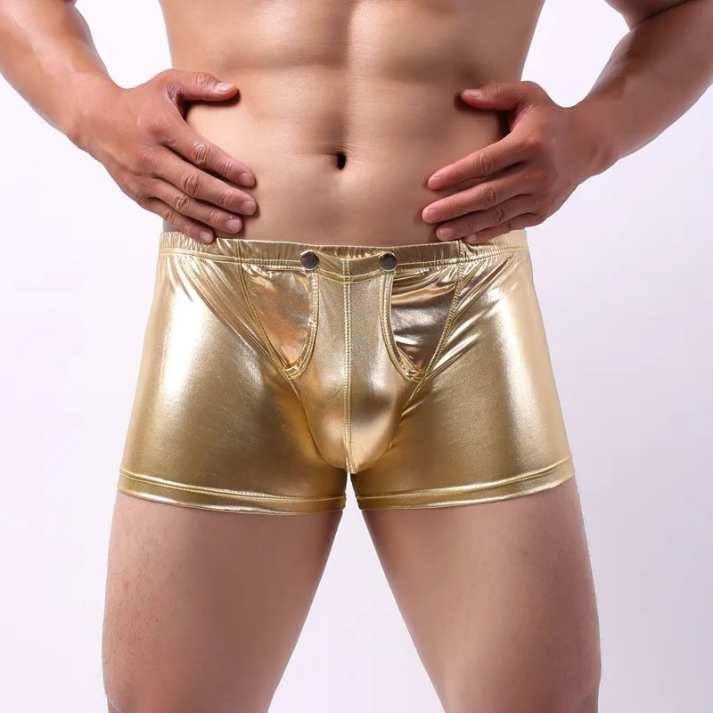 Men's Patent Leather Boxer Panties Four Corners Imitation Leather Low Waist Underwear U Convex Design