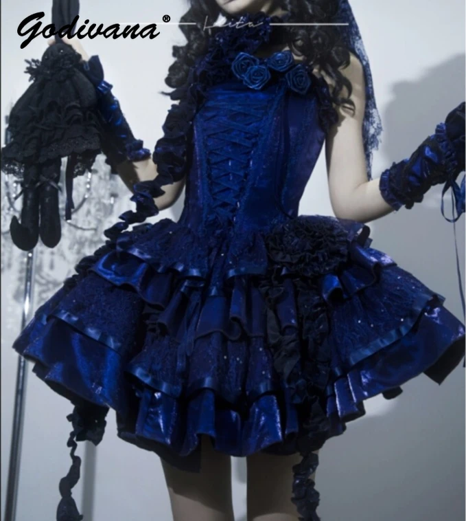 

Lolita Goth Dark Blue Fishbone Dress Womens Lace Flower Multi-layer Slim Jsk Suspender Princess Dress for Wedding Birthday Party