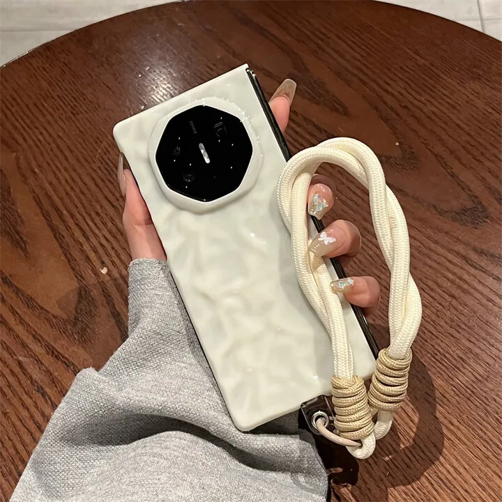 

For Huawei Mate XT Phone Case Extraordinary Master Milk White Hand Rope Wrinkled Back Case Ultra-thin Folding Protective Cover