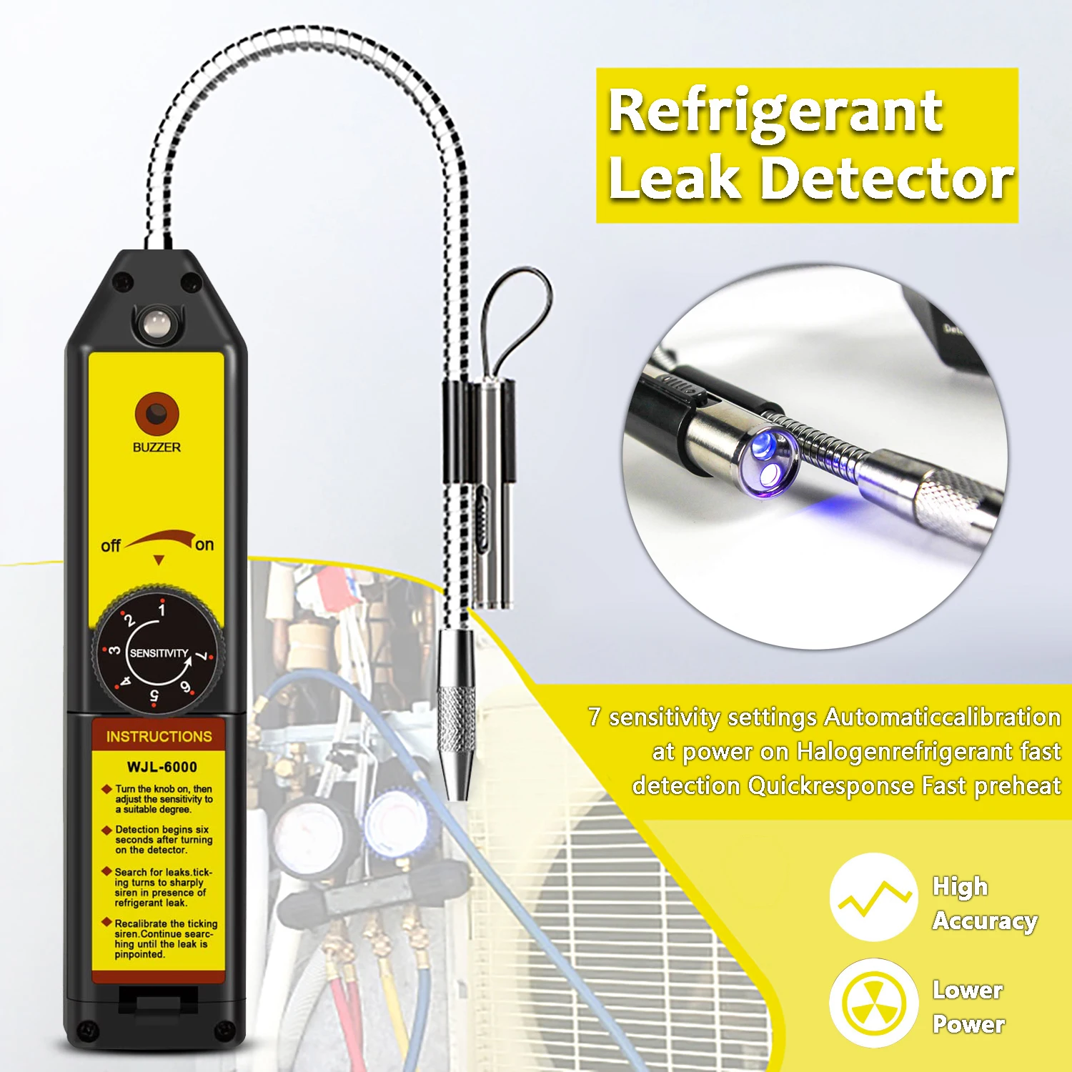 WJL-6000 Refrigerant Freon Leak Detector with LED Light Halogen Gas Leakage Tester for HVAC Air Condition R22 R410A R134A