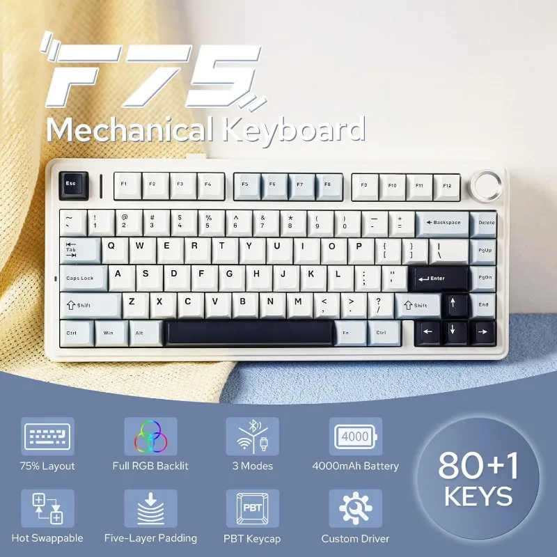 x Aula F75 ガスケット メカニカル キーボード、75% ワイヤレス ホットスワップ対応ゲーミング キーボード、5 層パッドとノブ付き