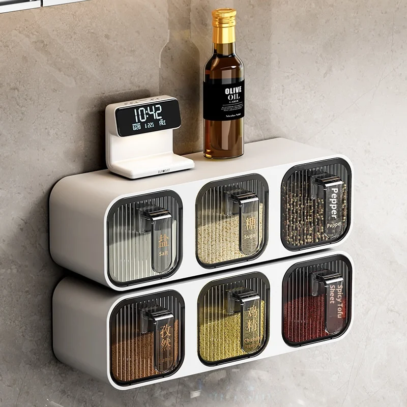 

Kitchen Wall-Mounted Seasoning Box Set Plastic Home Use Cooking Utensils Holder with Spoon No-Drilling Required
