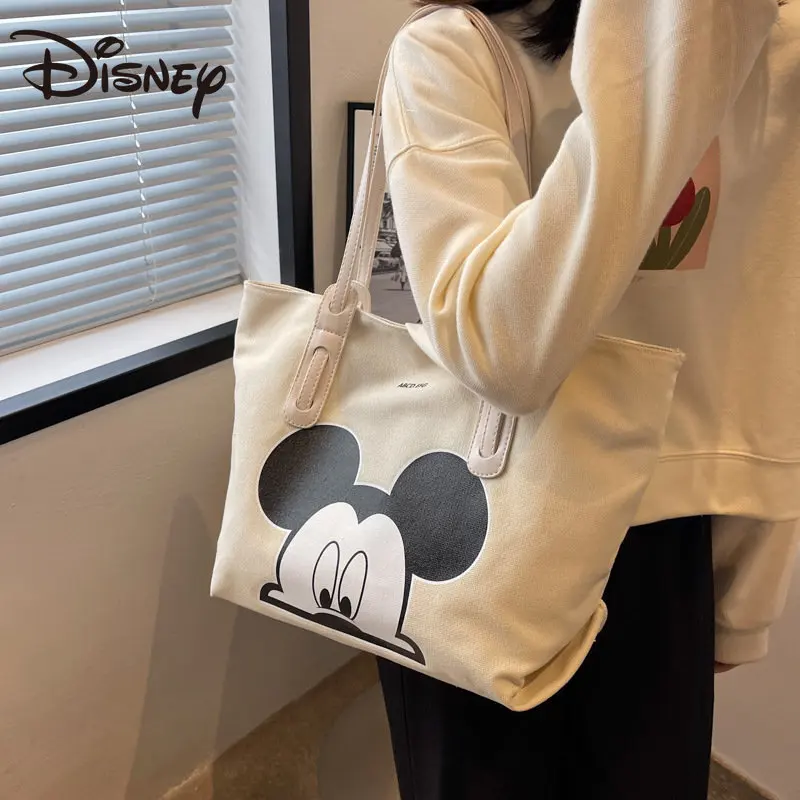 MINISO Disney Cute Mickey Print Handbag Large Capacity Women's Bag 2023 New Tote Bag Fashion Canvas Messenger Bag