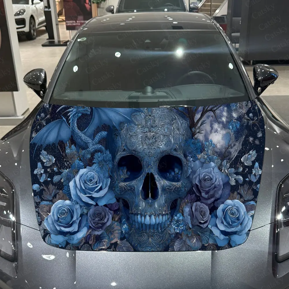 

Romantic Blue Flower Skull Print car hood stickers, waterproof self-adhesive, scratch resistant, easy to stick, durable car PVC