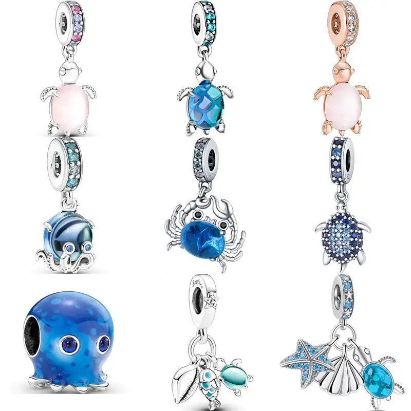 

925 Sterling Silver Murano Glass Sea Turtle Octopus Crab Pendant Blue Beads Fit Original Pantaro Charms Bracelet Women Jewelry