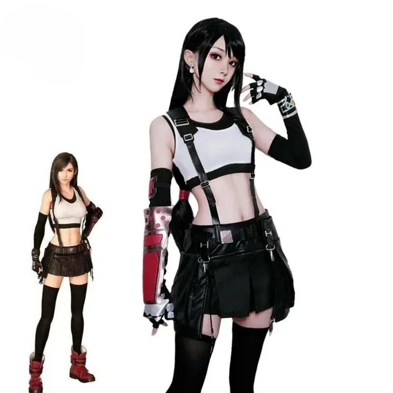 

FF VII Tifa Cosplay Costume FF7 Remake Game Cosplay Costume Halloween Sexy Overalls Skirt Gloves Stokings