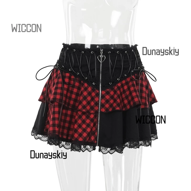 Minifalda gótica Y2K LOLITA para Halloween/Navidad/Oktoberfest/Pascua - Falda asimétrica de retazos con cadenas desmontables