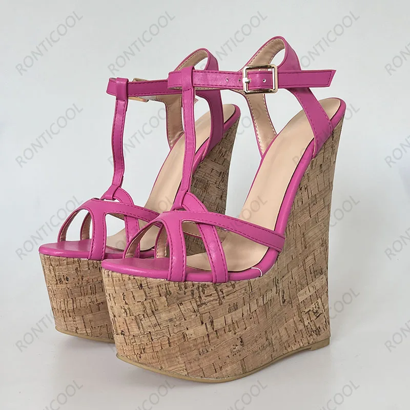 Ronticool Handmade Women T-strap Sandals Ultra High Wedges Heels Round Toe Classics Black Dress Shoes Ladies US Plus Size 5-15