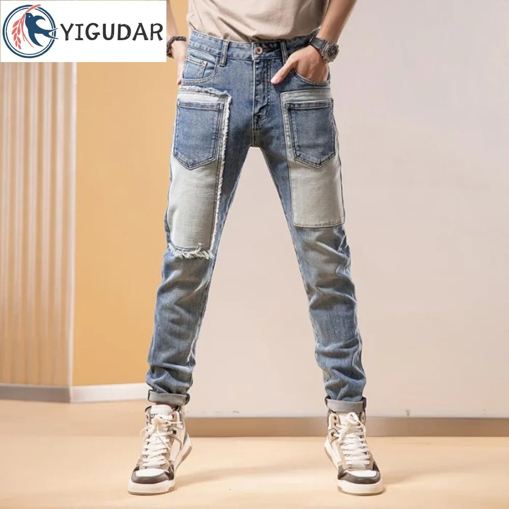 

Spring Autumn Fashion Color Contrast Stitching Jeans Men Trendy High Street Stretch Slim-fit Skinny Pants Motorcycle Splice Men