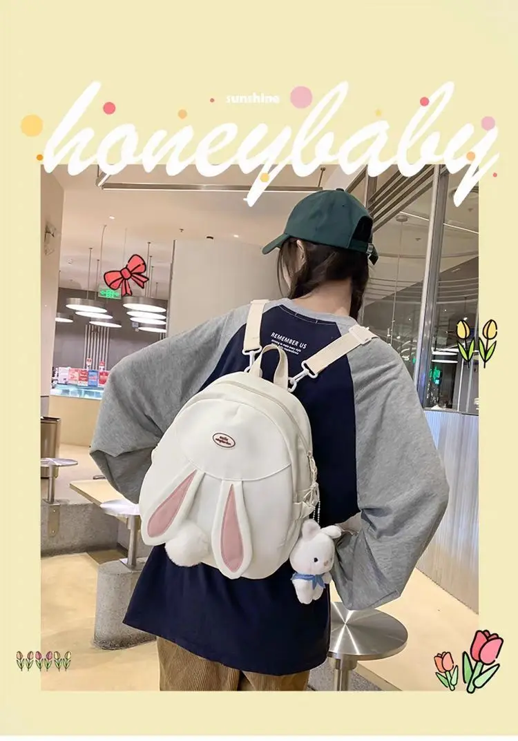 JIAERDI Rabbit Canvas Bacpacks Women Harajuku Kawaii Casual White Schoolbag Backpack Female Sweet Cute Y2k Mochilas Aesthetic