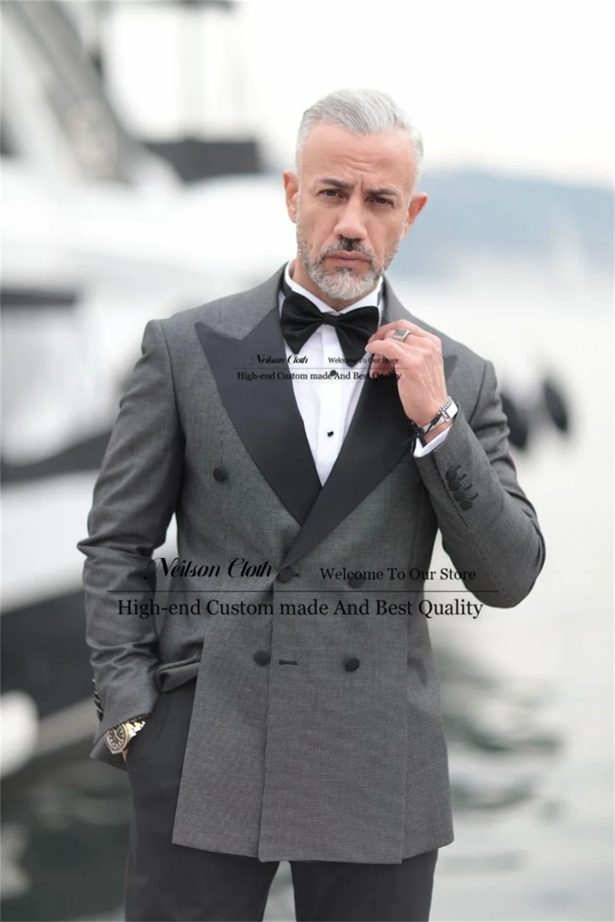 

Formal Solid Dark Grey Male Prom Blazers 2 Pcs Sets Peaked Lapel Groom Wedding Tuxedos Customized Double Breasted Costume Homme