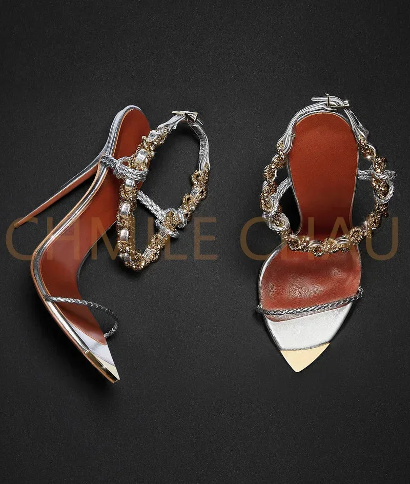 

【Measure your feet length before order】Chain Luxry Designer Women Elegant Sandals Stiletto High Heel Banquet Lady Shoe 85-CHC-30