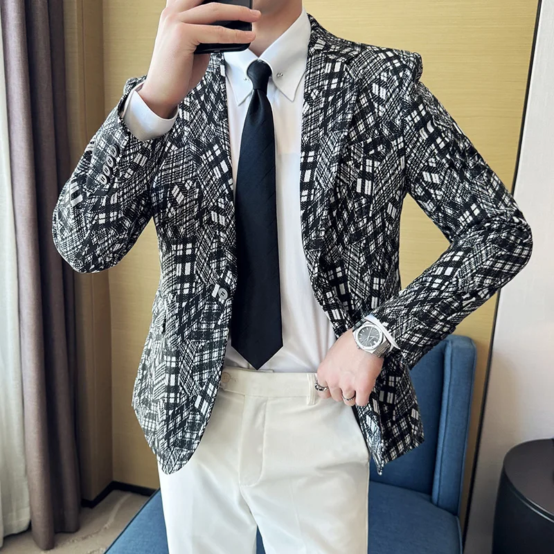 Korean Fashion Plaid Suit Jacket Men Slim Fit Casual Business Formal Blazers Wedding Groom Banquet Party Dress Coat Men Clothing