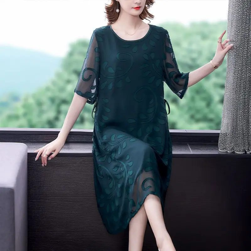 Elegant Vintage Women Embroidery Midi Dress Summer Half Sleeve Big Size Chiffon Dresses Fashion Casual Female Loose Sundress 5XL