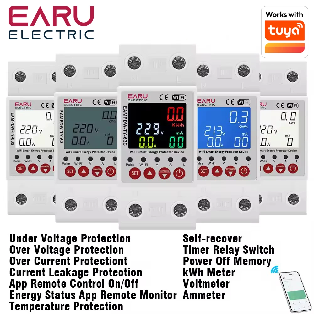 Tuya WiFi Smart Circuit Breaker 2P 63A 230V Energy Meter Power kWh Leakage Over Under Voltage Protector Relay Device Switch