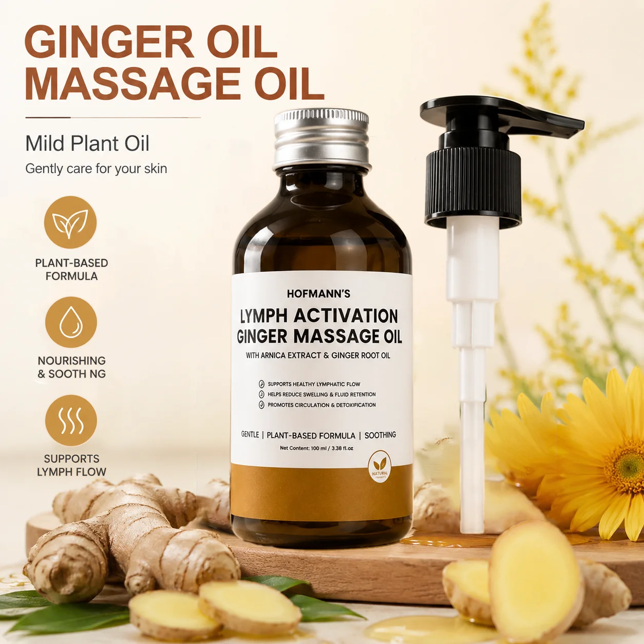 Ginger Massage Oil Lymph Activation Body Oil With Arnica Extract Plant Based Relaxing Skin Care Moisturizing Essential Oil 100ml