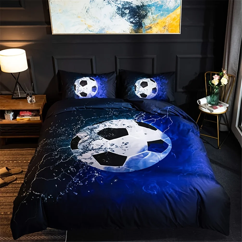 3pcs Youth Sports Themed Duvet Cover Set - Bright Blue 3D Soccer Ball Decorative Bedding with 2 Pillowcases, Zipper Closure