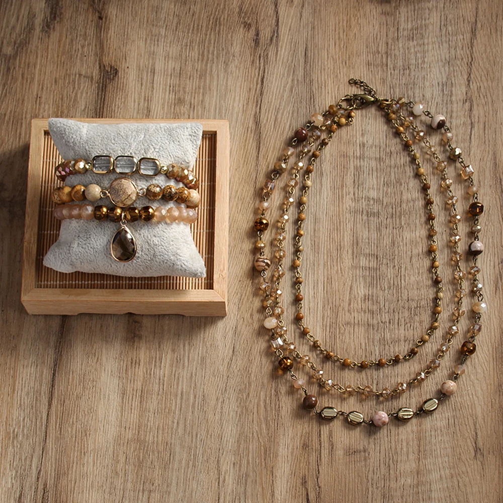 Brown Picture Jasper Zebra Agate Glass Beaded Elastic 3pcs Bracelet Set Multi-layer Chain Necklace Bohemian Style Bracelet Neck