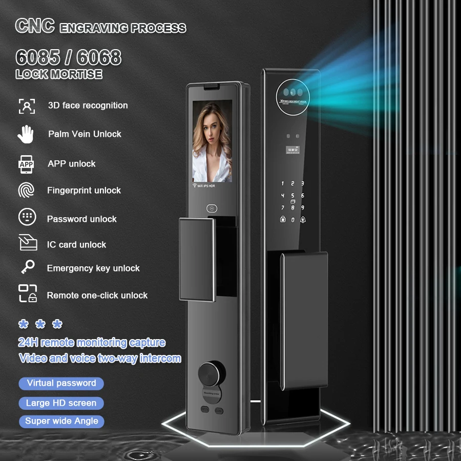 CNC 6085 Mortise Active Video Intercom Monitoring Camera Capture 3D Face Palm Vein Recognition Smart Door Lock with Tuya