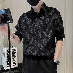 Spring Autumn Geometric Printing Turn-down Collar Men's Clothing Solid Color Pullover Button Lantern Long Sleeve T-shirt Tops