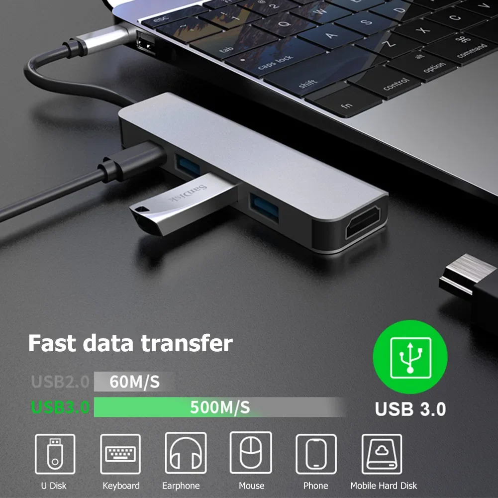 

Док-станция TYPE-C 5-в-1, высокоскоростной USB-концентратор для передачи, многофункциональный концентратор, HD-компьютер, OTG SD-карта