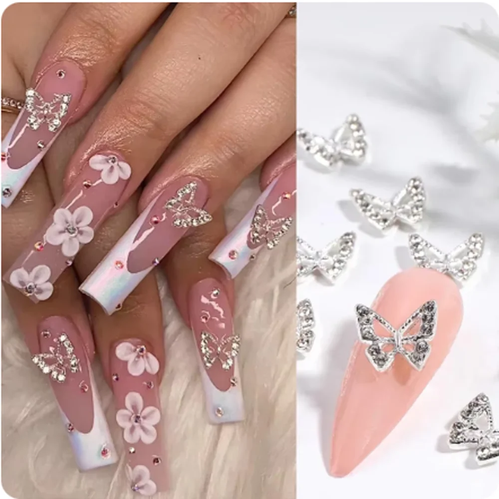 10 Stück Schmetterling Nail Art Charms 3D-Legierung Luxus rosa Diamant Edelstein Schmetterling Nagel Strass Kawaii DIY Nagel Zubehör