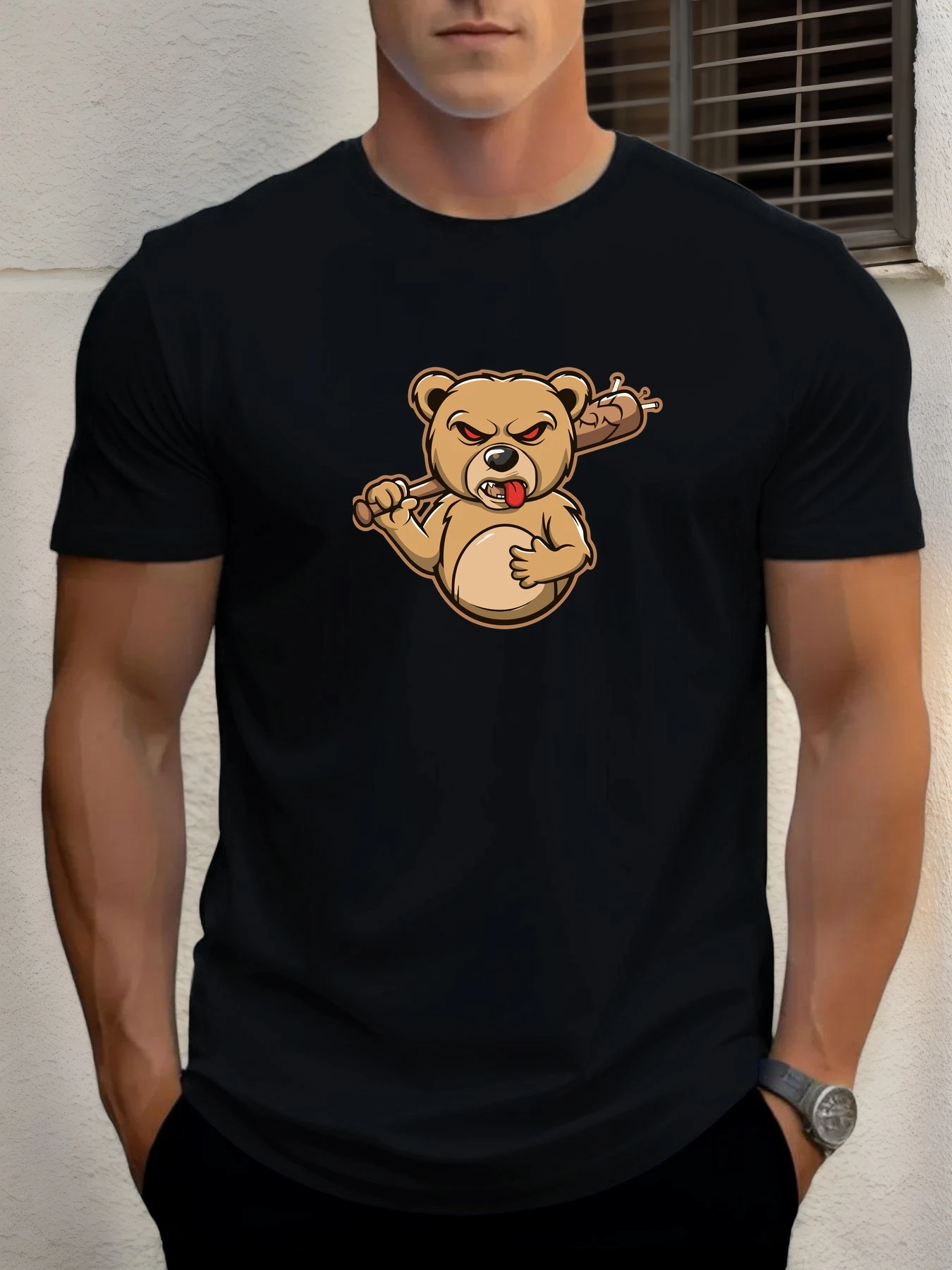 

2025 Summer Men's Cotton T Shirt Holder Rod Bear Trendy Print Round Neck T-Shirt Casual Breathable Street Style Daily Top
