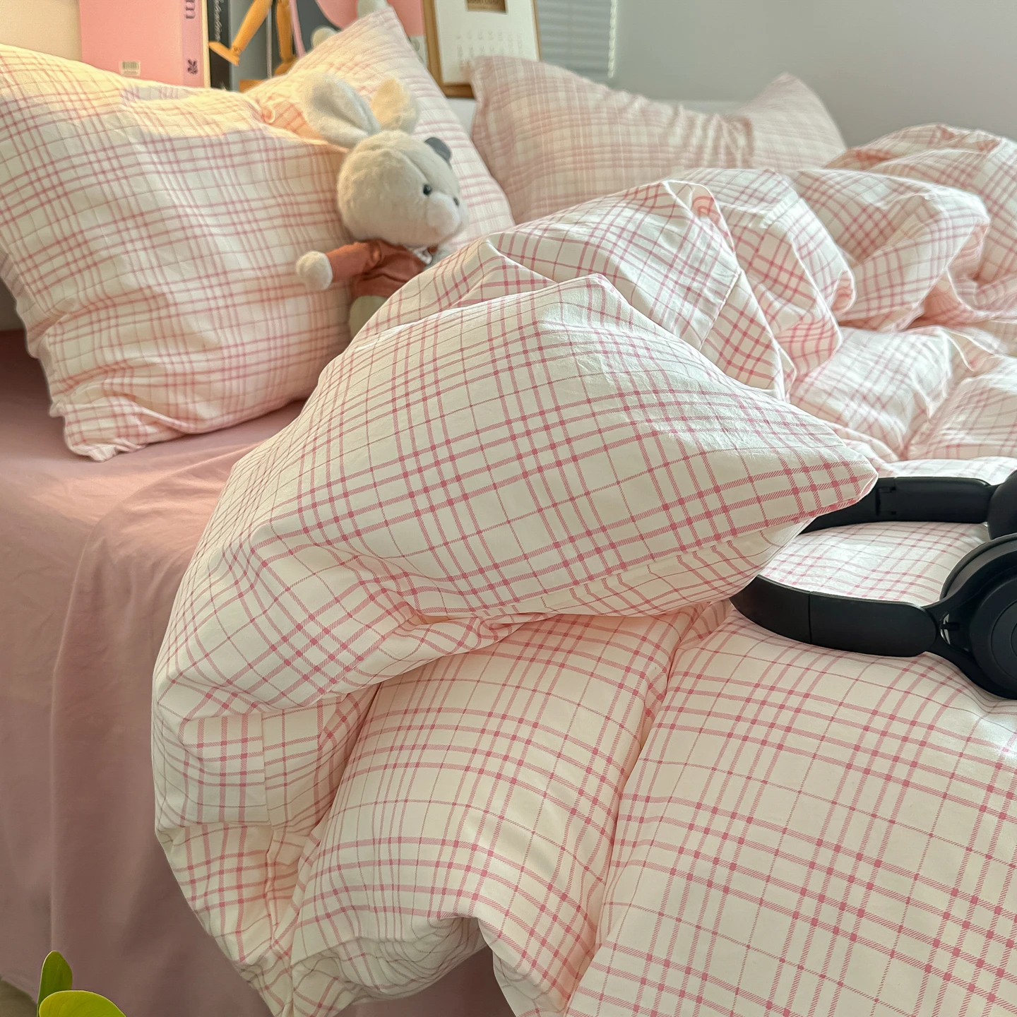 3pcs Pink plaid Duvet Cover Set (1*Duvet Cover + 2*Pillowcase, Without Core),pink Bedding Set