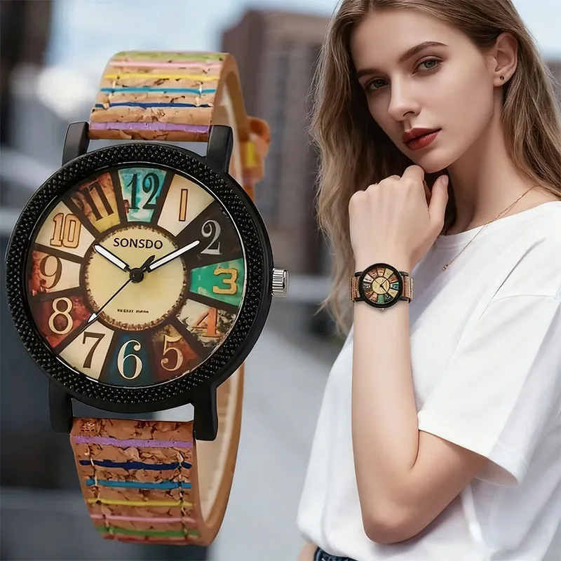 Retro Wood Grain Digital Dial Women's Watch Striped Leather Women's Watch