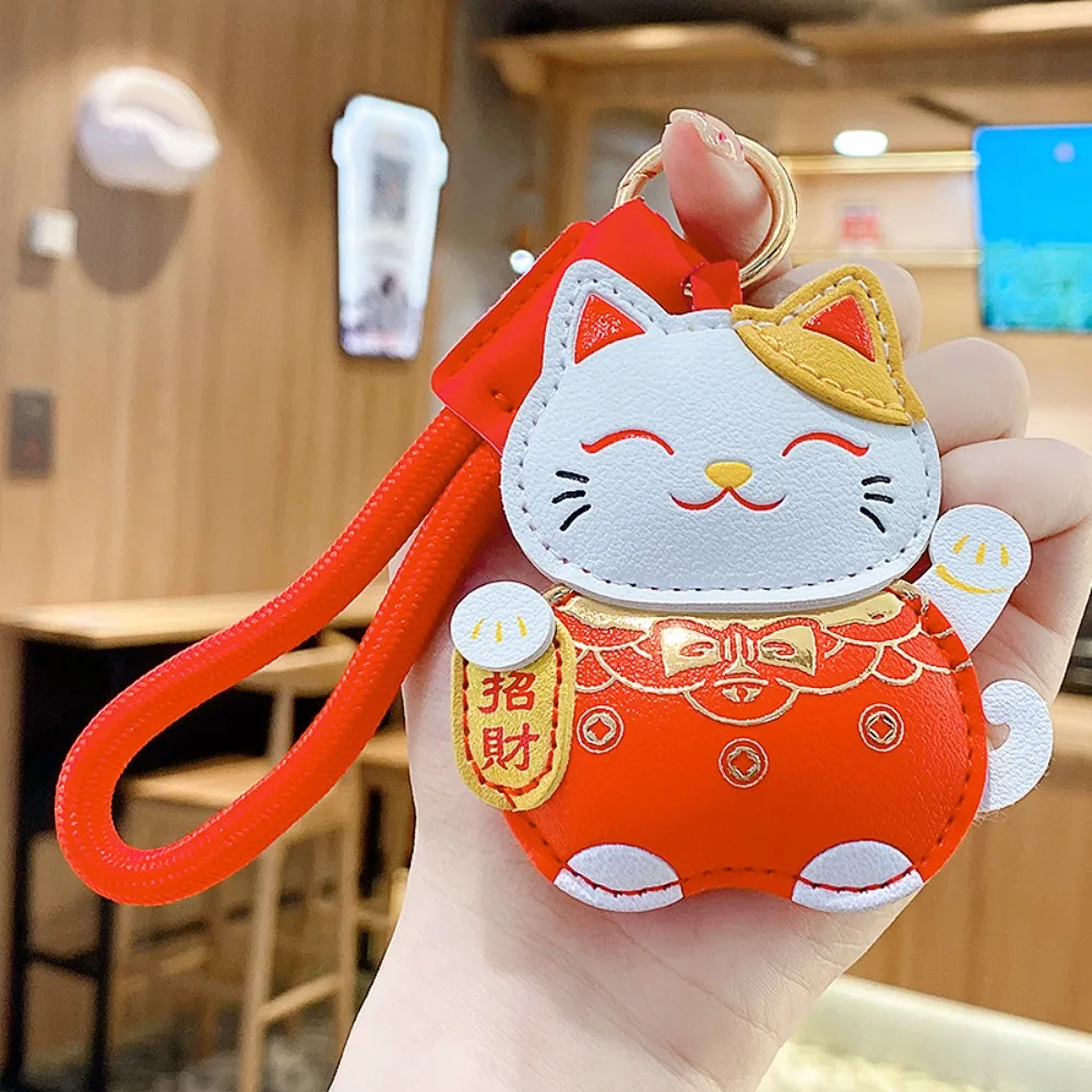 Funny Cartoon Pu Leather Fortune Cat Keychain Fortune Wealth Maneki Neko Pendant Get Rich Red Car Keychain New Year Gift