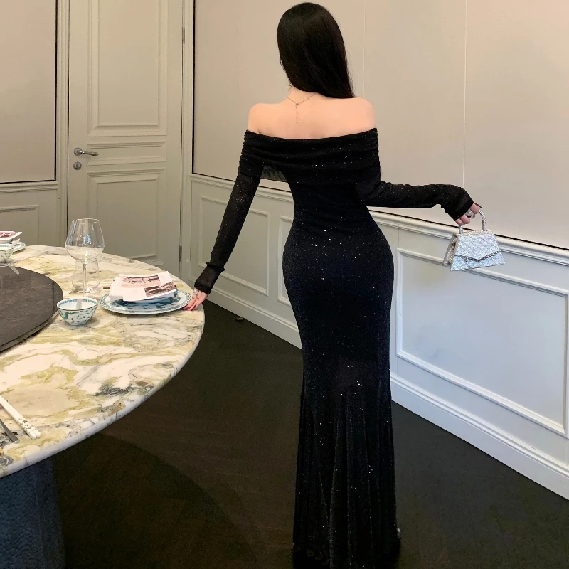 High-end กระชับ Sheath Bodycon ชุดนางเงือกผู้หญิงอินเทรนด์แขนยาวปิดไหล่ชุดฤดูใบไม้ร่วงชุดวันเกิด