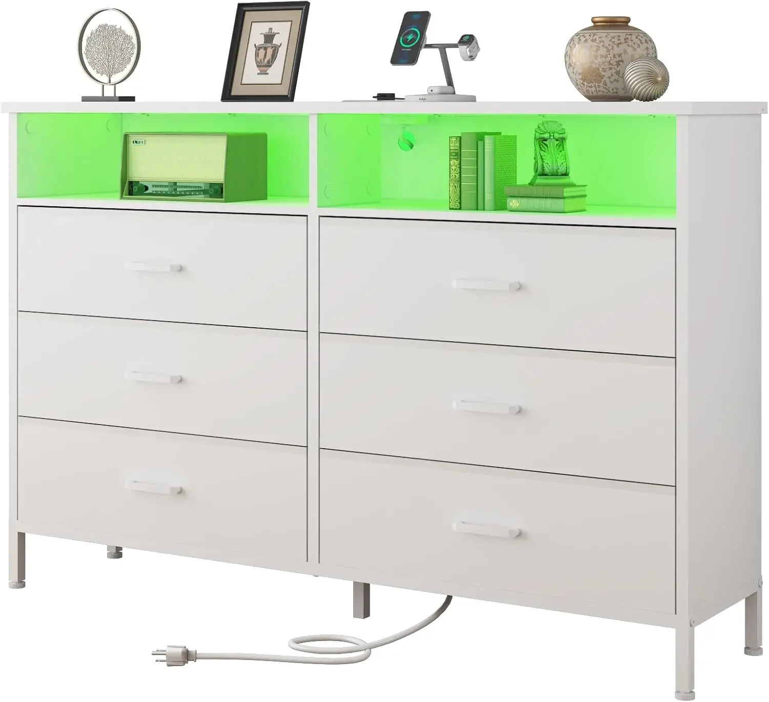 

Dresser for bedroom, White Bedroom Dresser with LED Lights and Charging Station, 6 Long Drawers Dresser, Tall Wide Fabric Chest