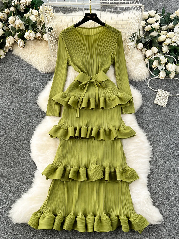 EWQ Ruffles Shirring Lace-up Solid Color High Waist A-line Vestidos Sweet Style Women\'s Dress Winter Spring 2024 New 27SN5169