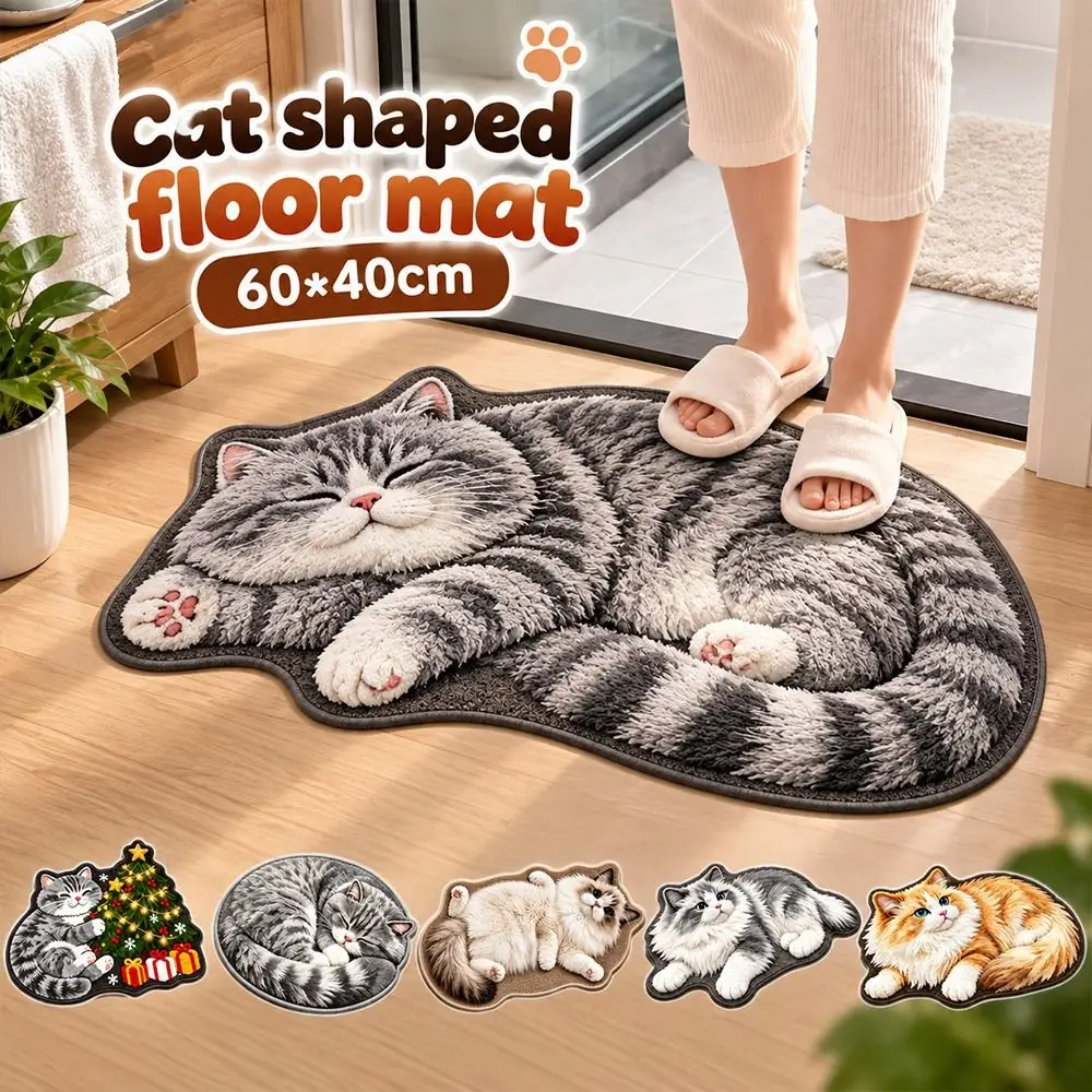 Cute Crystal Velvet Cat-Shaped Area Rug 2D Non-Slip Bathroom Carpet Washable Soft Bedside Door Mat Home Decor