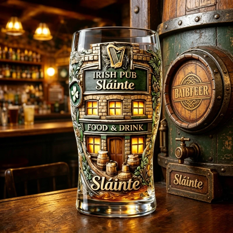 Retro Irish Pub Slainte 3D Embossed Beer Glass Vintage Celtic Harp Shamrock Pattern Large Capacity Pint Glass Home Bar Party